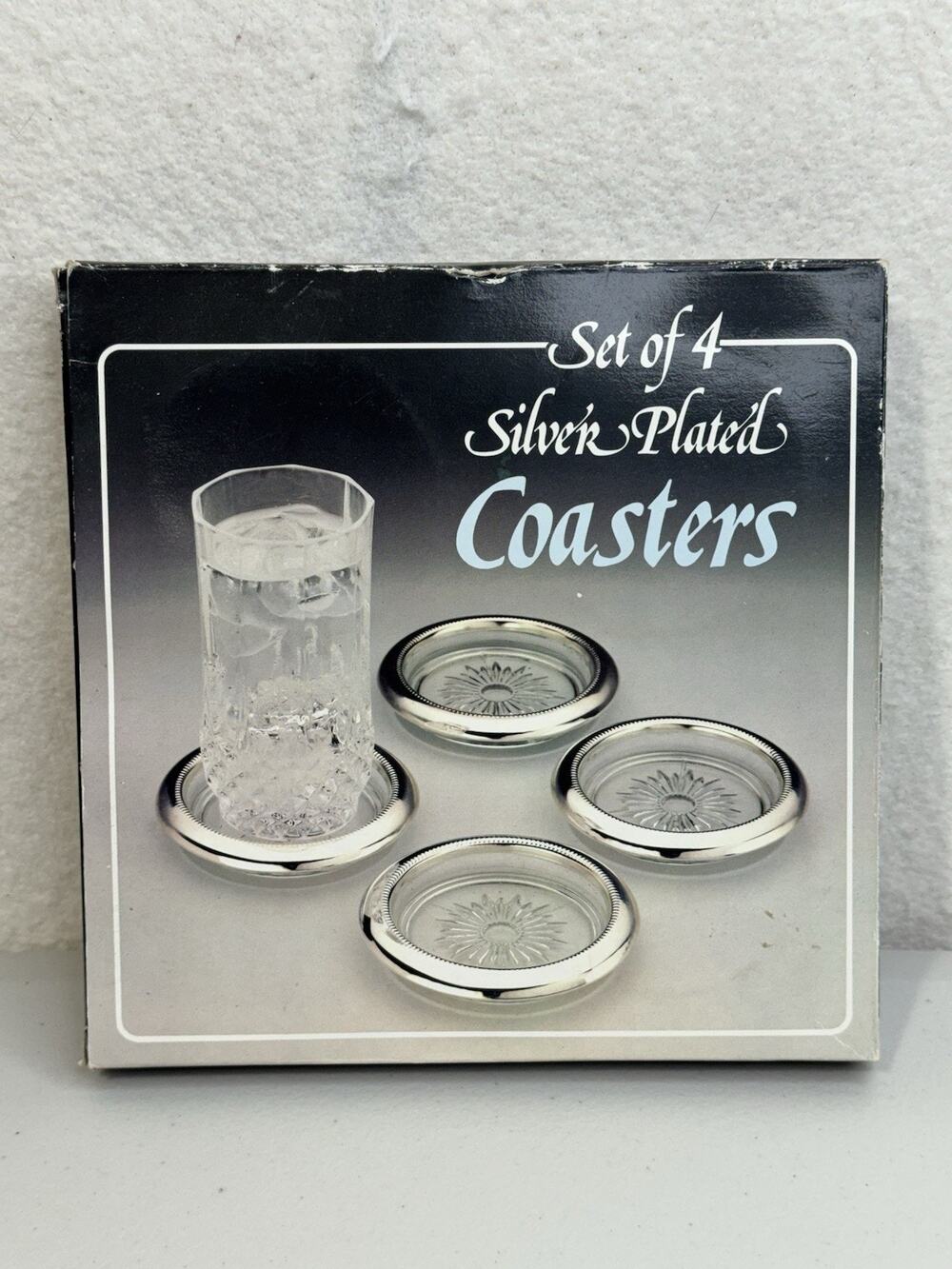 Vintage Glass Coasters Silver Plate Trim Set of 4 New In Box Bar Ware Hong Kong